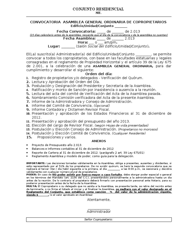 Modelo Citacion Asamblea Copropietarios | PDF | Quórum | Propiedad
