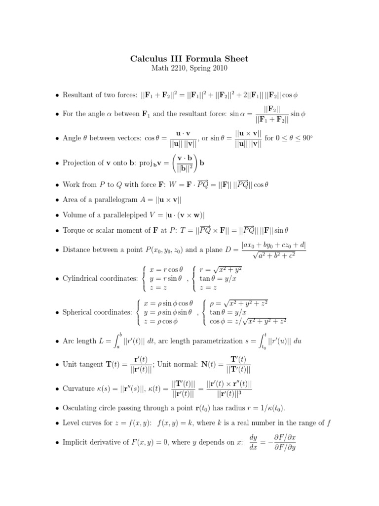Calc 3 Cheat Sheet Mathematical Analysis Space