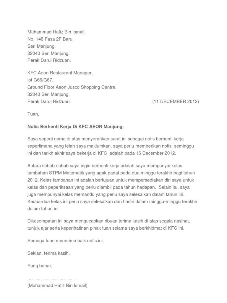 Contoh Surat Rasmi Notis Berhenti Kerja Sebulan - Merotoh