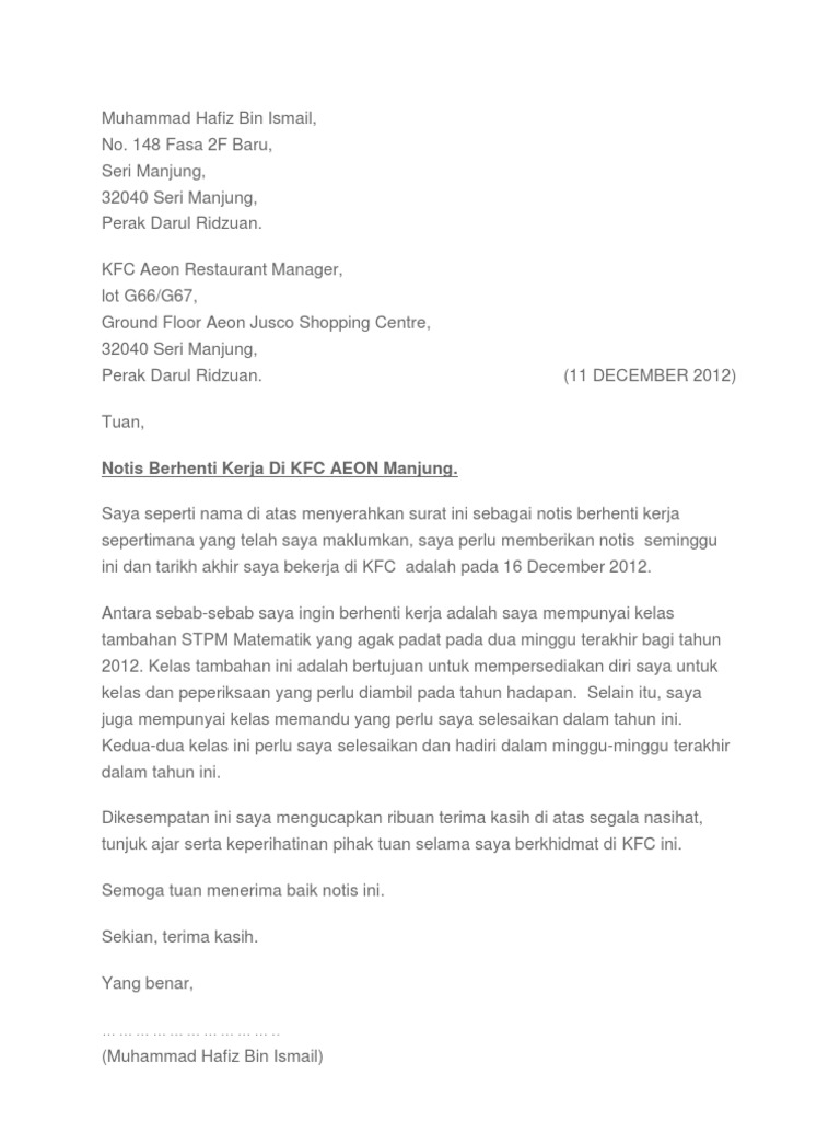 Surat Letak Jawatan Bahasa Melayu