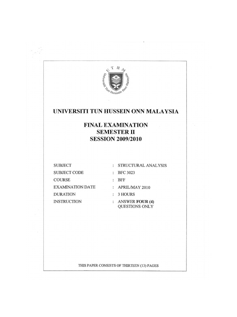 UTHM Structural Analysis Final Exam 2010 | PDF | Beam (Structure) | Truss