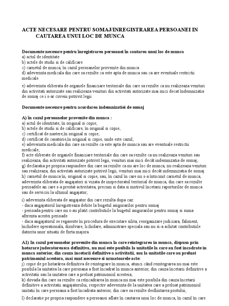 Acte Necesare Pt Somaj Inreg Pers In Cautarea Unui Loc De Munca