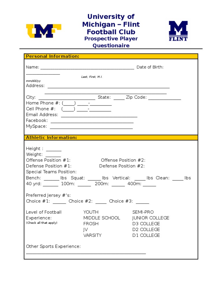 UM-Flint Football Club Player Form | PDF