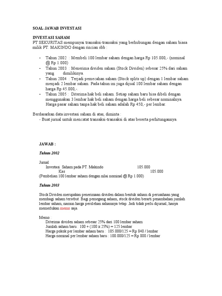 Soal Investasi Dalam Saham
