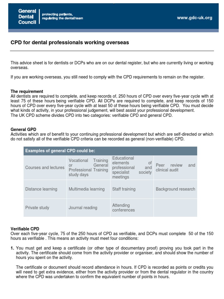 CPD For Dental Professionals Working Overseas: The Requirement | PDF ...