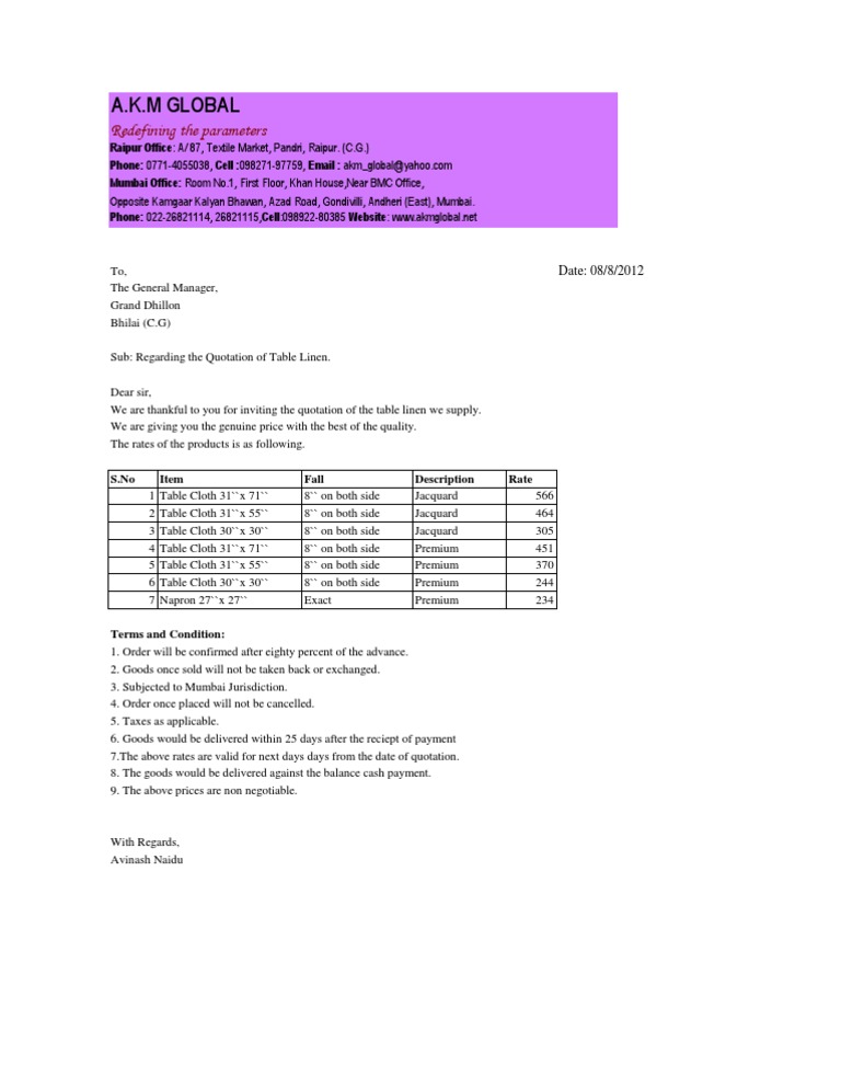 Mumbai Table Linen Quotation | PDF | Business | Market (Economics)