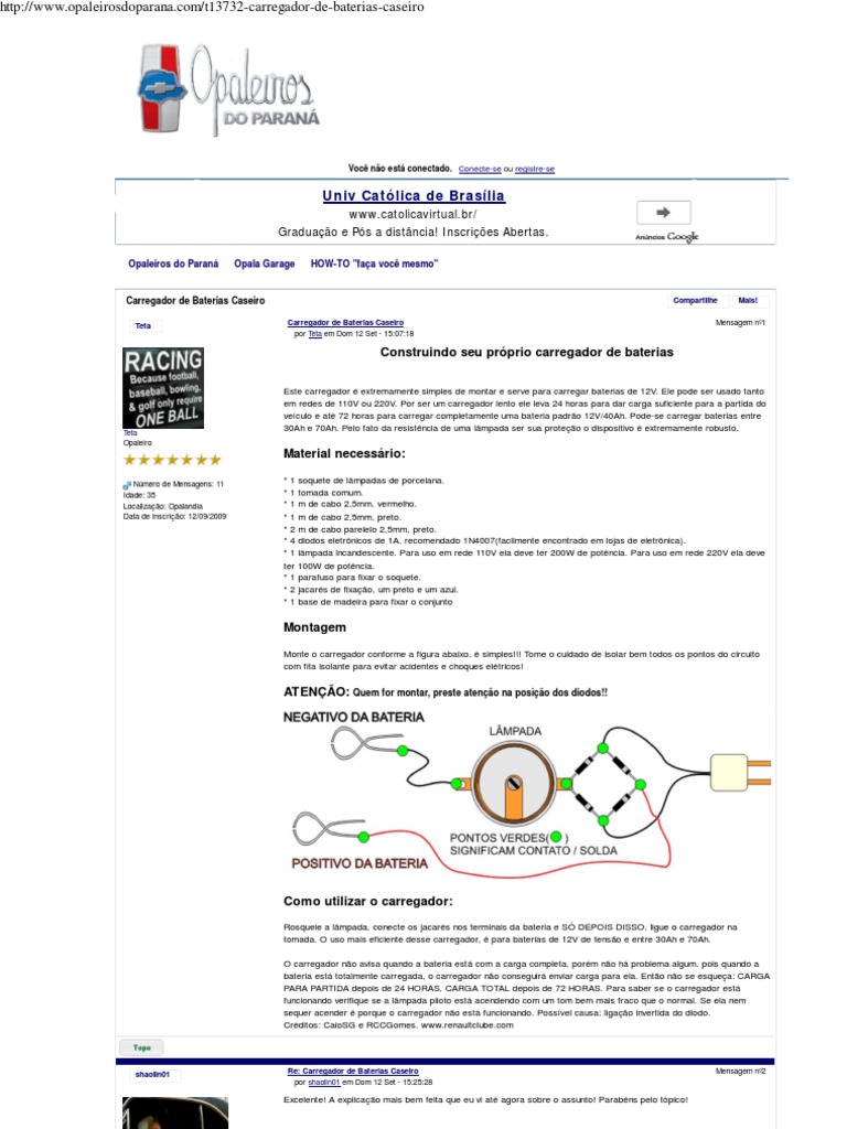 Carregador de Baterias Carro Caseiro PDF | PDF | Lâmpada incandescente |  Diodo