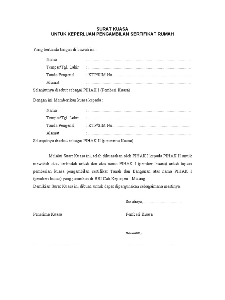 15 Contoh Surat Kuasa Tanah Bank Perwakilan Bermaterai