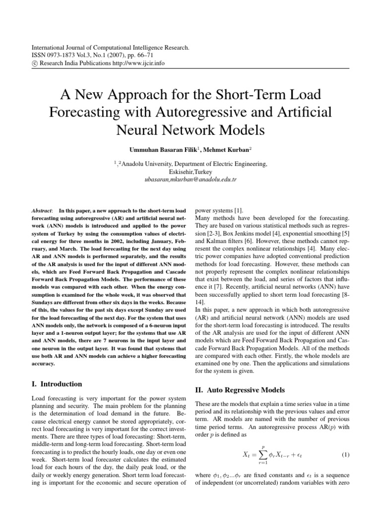 AR and ANN Models for Load Forecasting | PDF | Artificial Neural ...