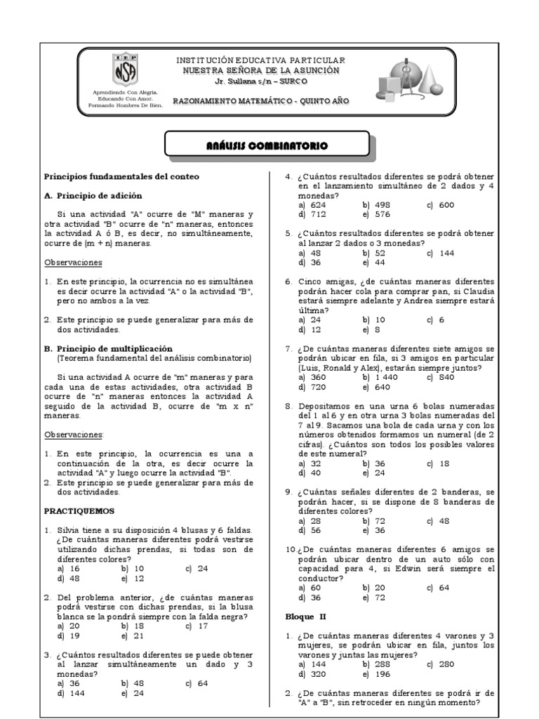Análisis Combinatorio para Quinto Año | PDF | Combinatoria | Enseñanza ...