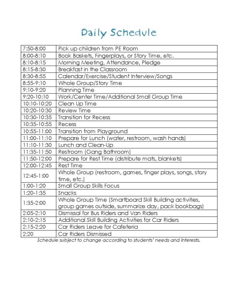 Daily Classroom Schedule Overview | PDF | Language Arts & Discipline