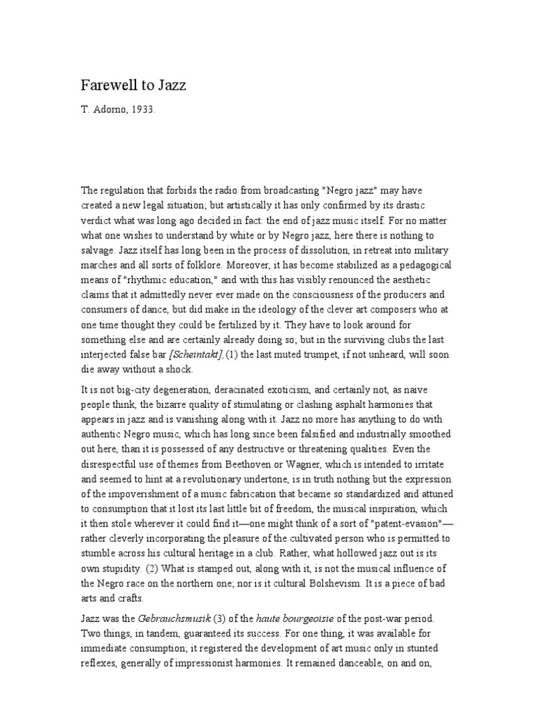 Farewell To Jazz PDF Jazz Theodor W. Adorno