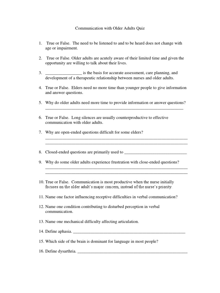 Communication Quiz PDF Aphasia Hearing Loss