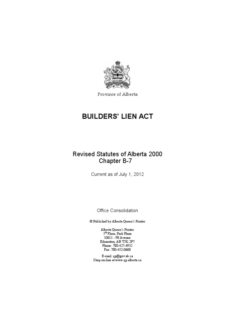 Builders' Lien Act PDF Lien Mortgage Law