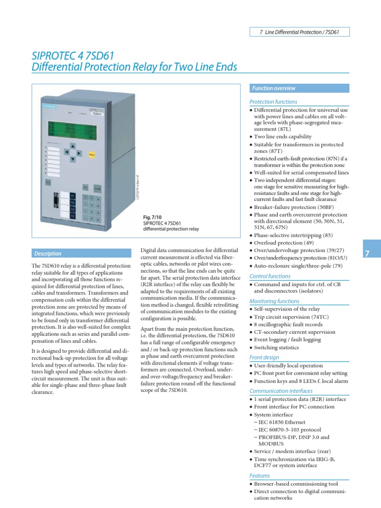 Siemens 7SD61 Differential Protection Relay | PDF | Relay ...