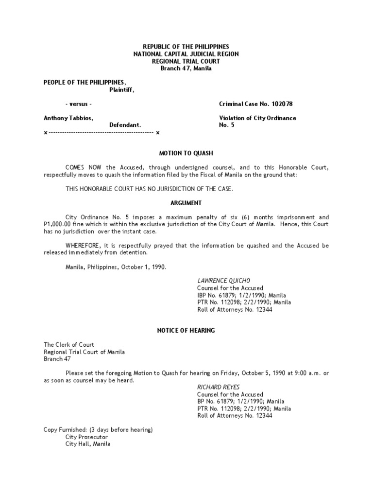 Legal Forms Motion to Quash