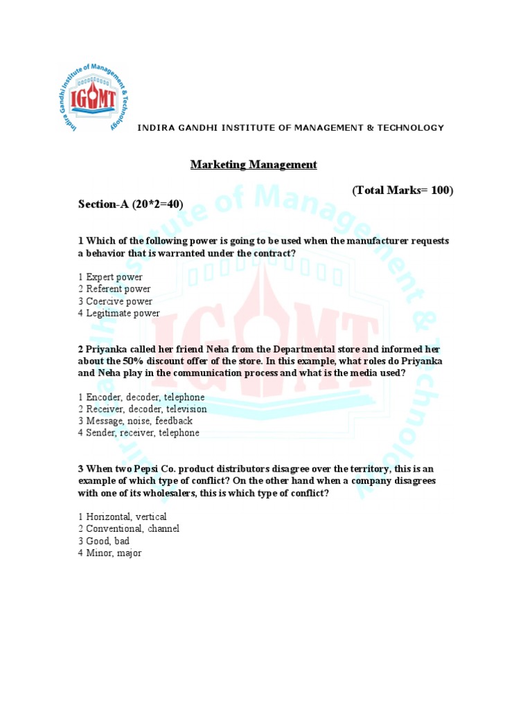 Marketing Management Exam Questions | PDF | Promotion (Marketing) | Brand