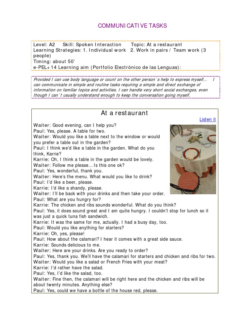 A2 Restaurant Conversation Practice | PDF | Waiting Staff | Semiotics