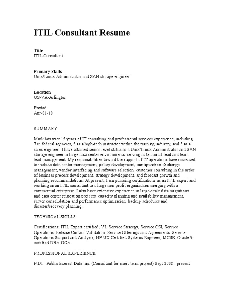 Itil Consultant Resume