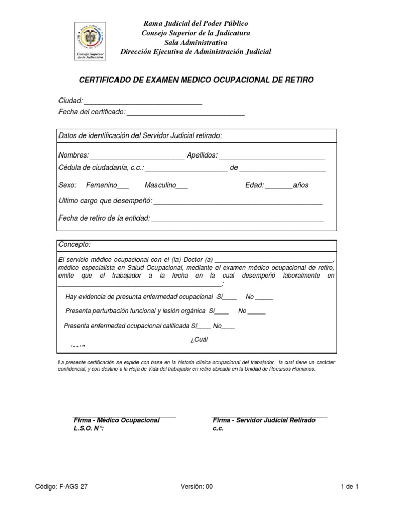 FORMATO Certificado Examen Ocupacional Retiro