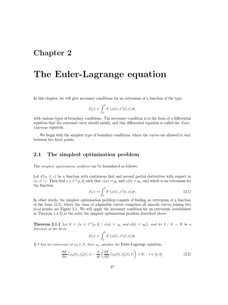 Euler Lagrange Equation PDF Calculus Of Variations EulerLagrange
