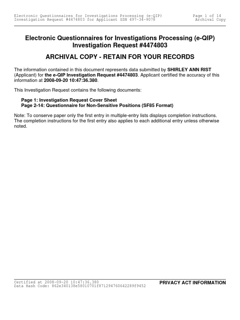EQIP Investigation Request 4474803 Archival Copy Security Clearance