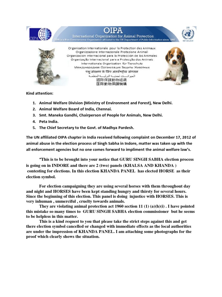 Kind Attention Animal Welfare Division Awbi And Smt Maneka Gandhi Abhishek Kadyan Cruelty To Animals Animal Welfare