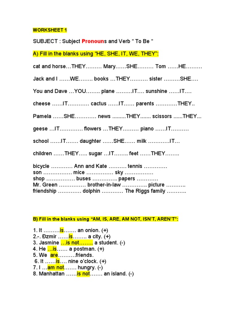 Worksheet 1 Verb to Be Personal Pronouns