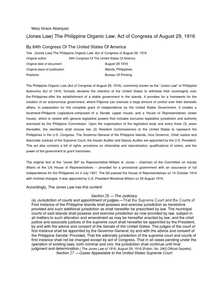(Jones Law) The Philippine Organic Law Act of Congress of August 29