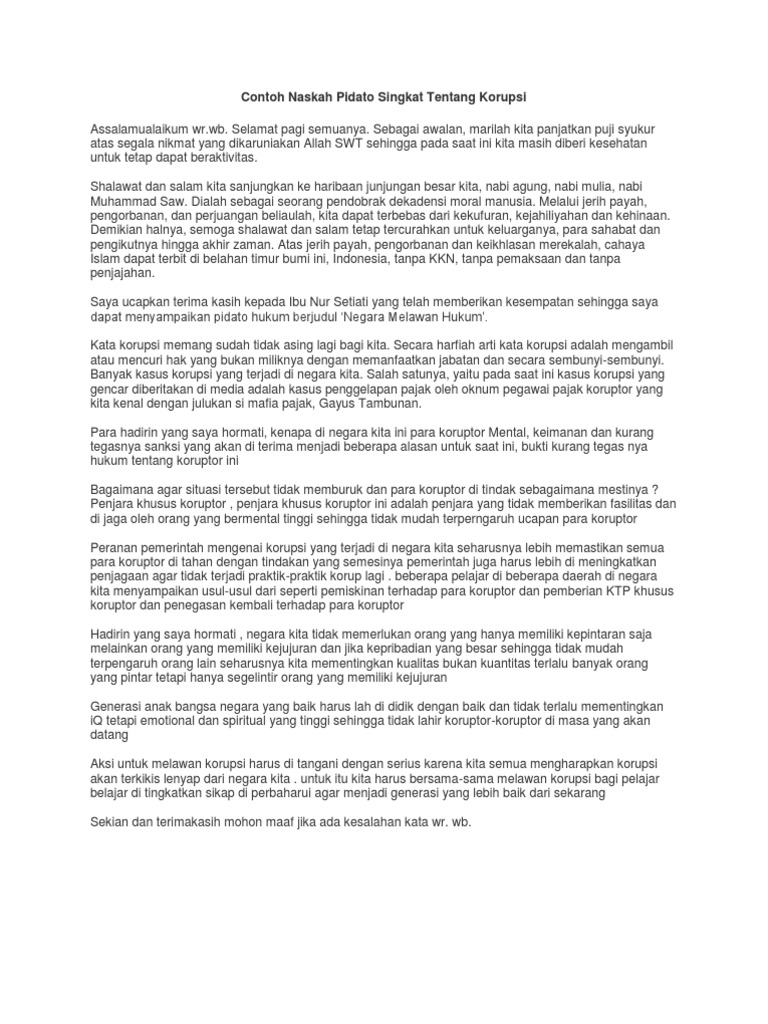 Contoh Naskah Pidato Singkat Tentang Korupsi PDF