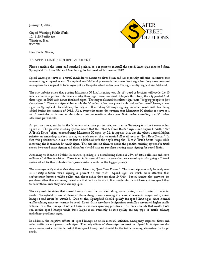 Petition for Speed Limit Signs on Springfield | PDF | Speed Limit | Traffic