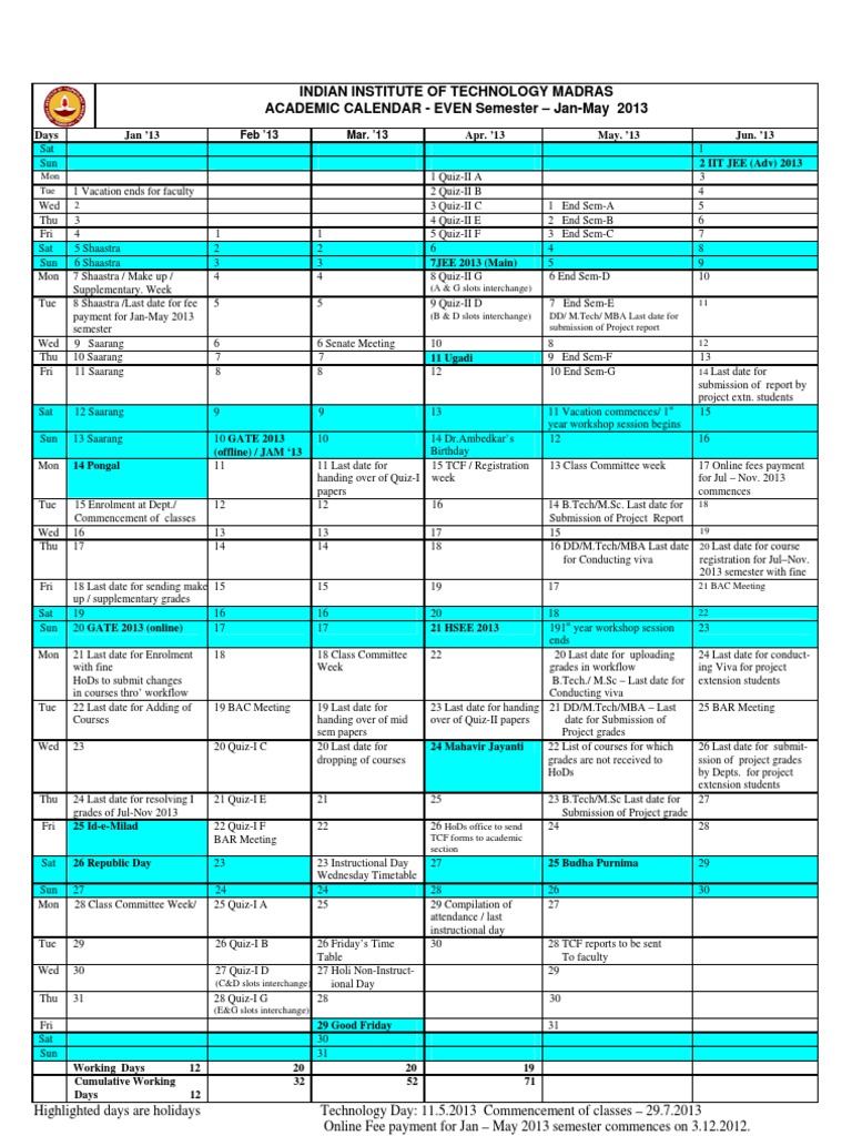 IIT Madras Academic Calendar JanMay 2013 PDF Academic Term Academia