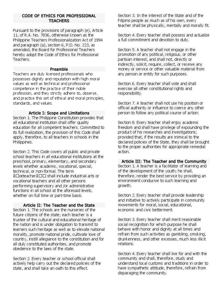 Code Of Ethics Profession Teachers