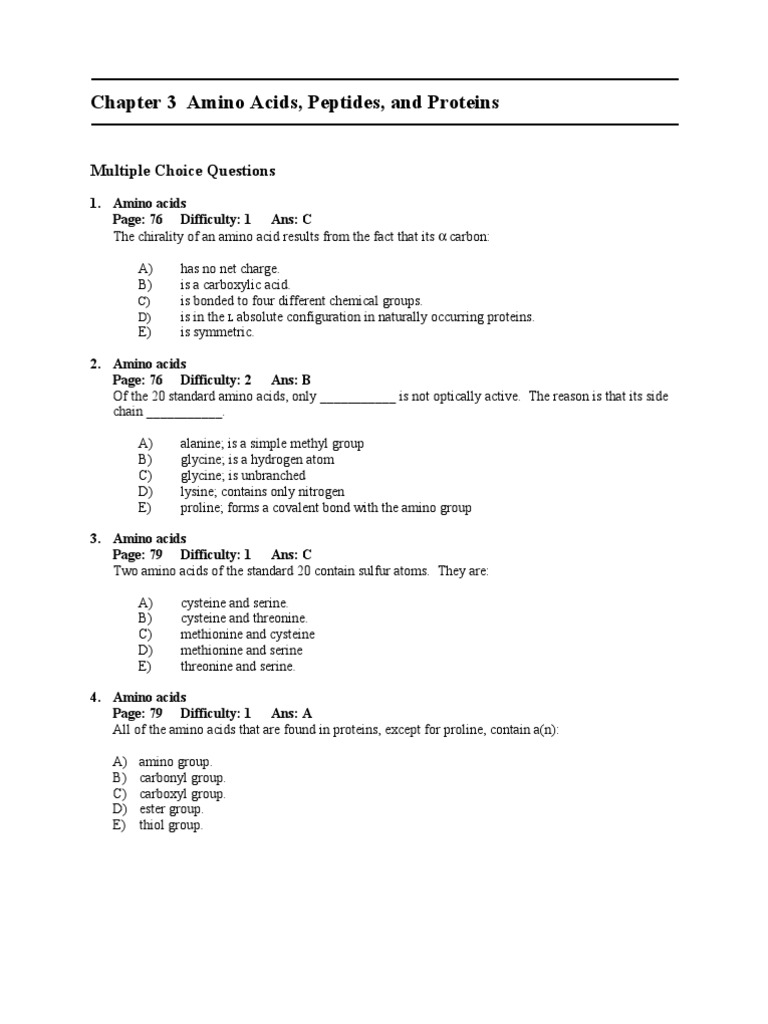 Chapter 3 Biochemistry Exam Amino Acids, Peptides, and Proteins