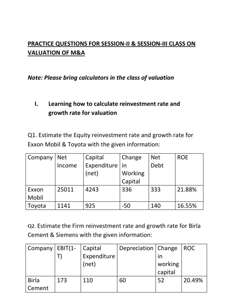 Practice Questions For Valuation Session | PDF | Beta (Finance ...