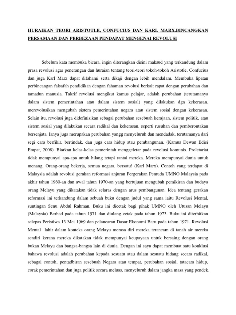 Huraikan Teori Aristotle Confucius Dan Karl Marx Bincangkan Persamaan Dan Perbezaan Pendapat Mengenai Revolusi Pdf