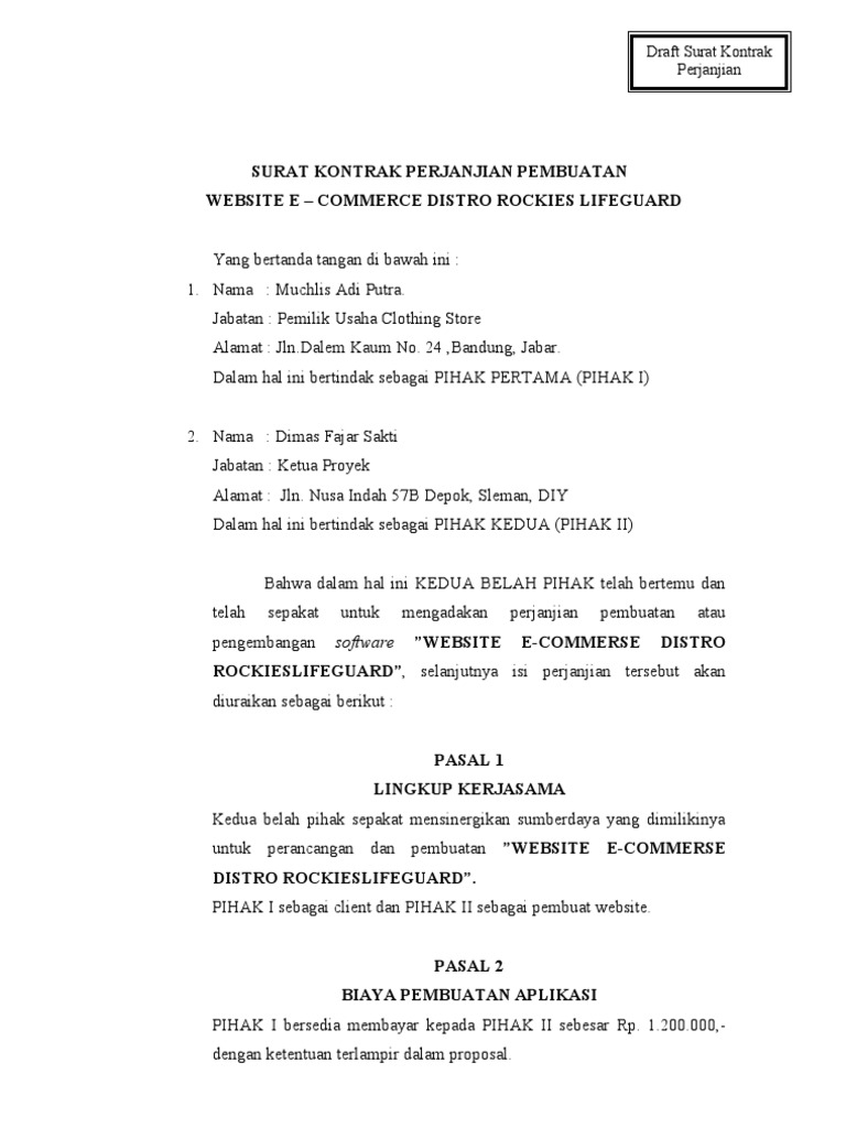rangkap 2 surat perjanjian Perjanjian 2) Surat (Lampiran Pembuatan (Draft) Kontrak