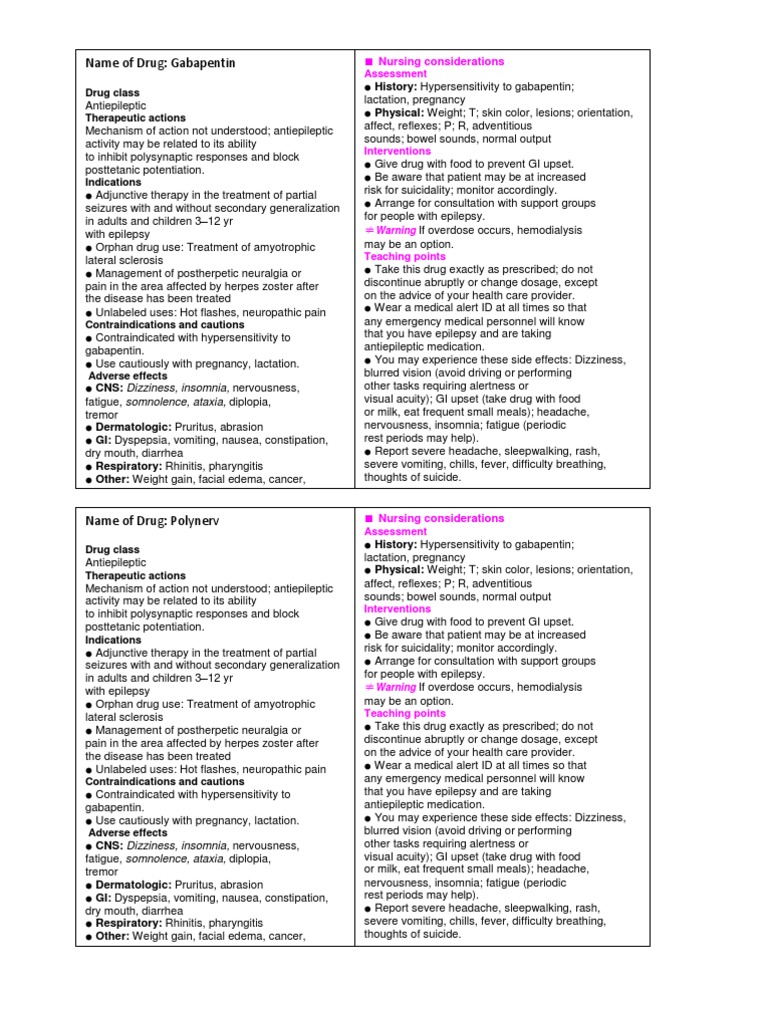 Name of Drug: Gabapentin: Drug Class Therapeutic Actions | PDF ...