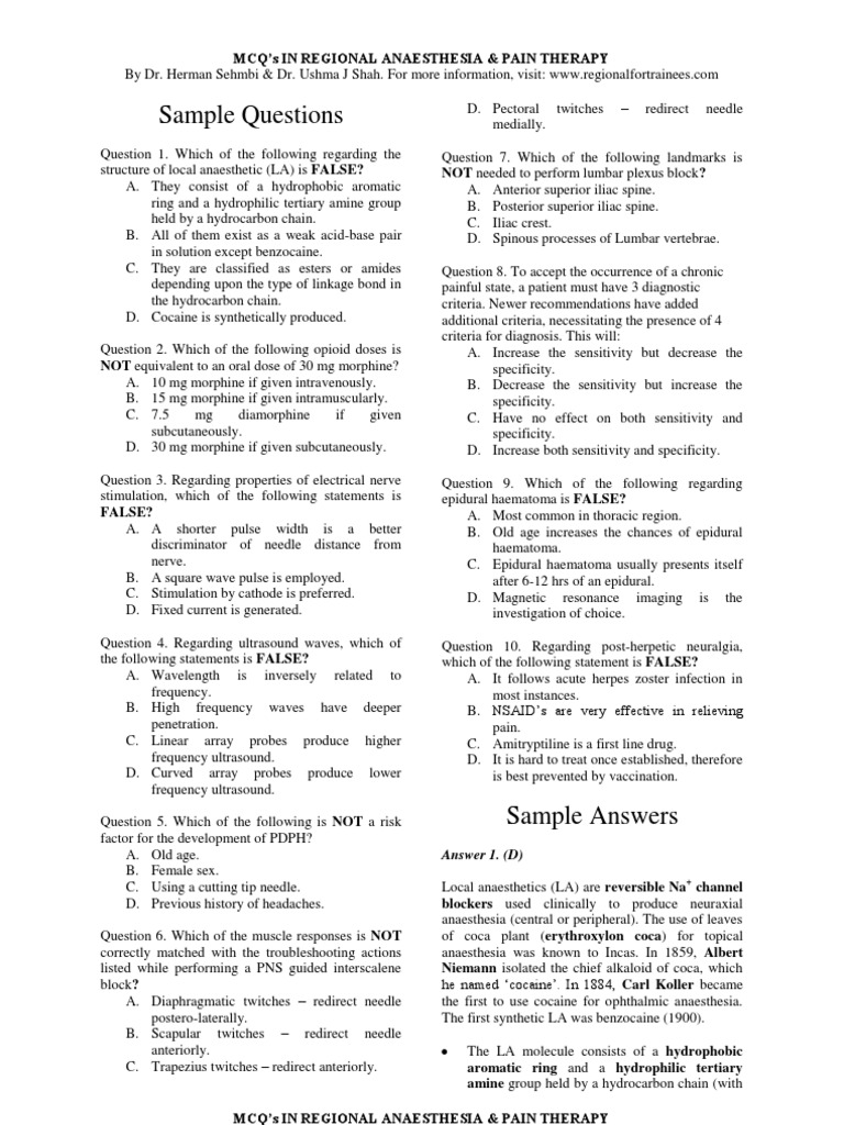 SAMPLE MCQ'S Anesthesia Morphine