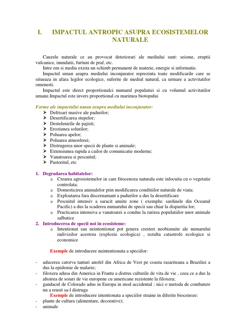 Impactul Antropic Asupra Ecosistemelor Naturale
