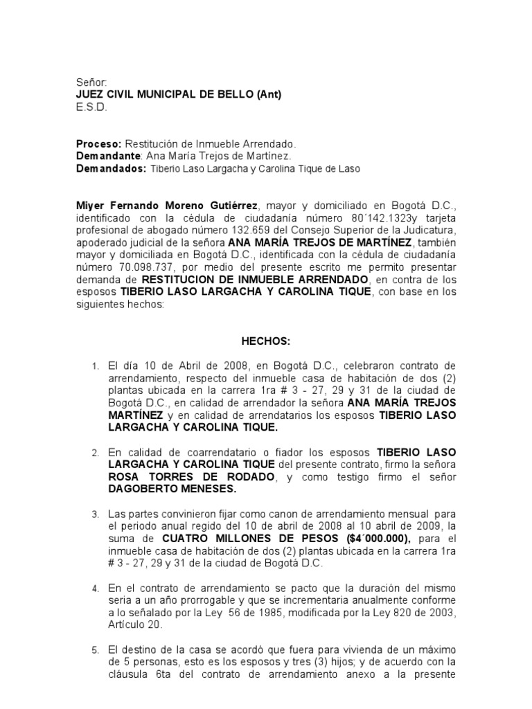 Demanda de Restitucion de Inmueble Arrendado. | PDF | Alquiler ...