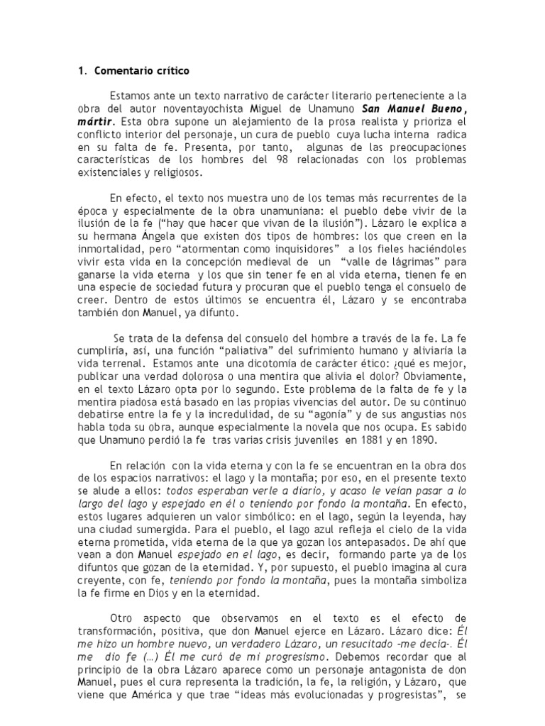 Comentario San Manuel Bueno Martir PDF Fe Existencialismo
