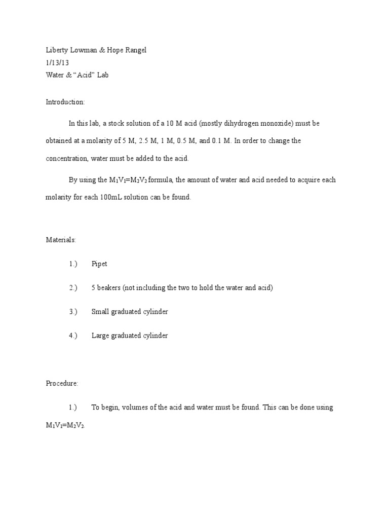 Acid Dilution Lab Report - Chem II | PDF
