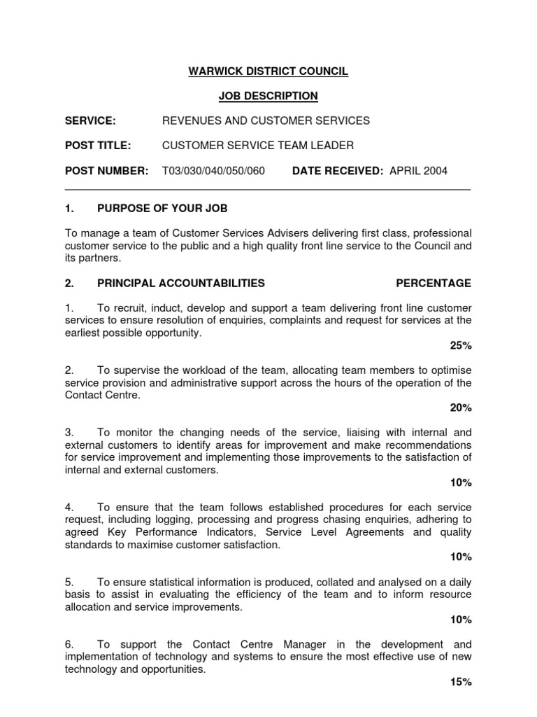 Customer Services Team Leader Job Description Call Centre Strategic 