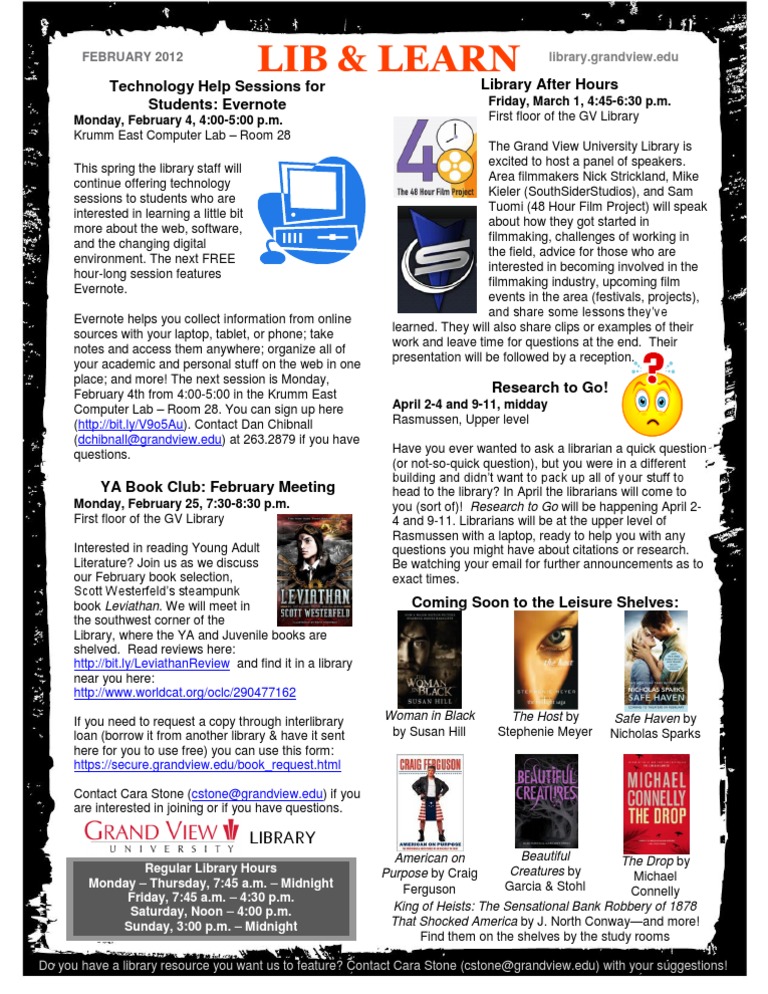 Library Events & Hours February 2012 | PDF | Evernote | Libraries