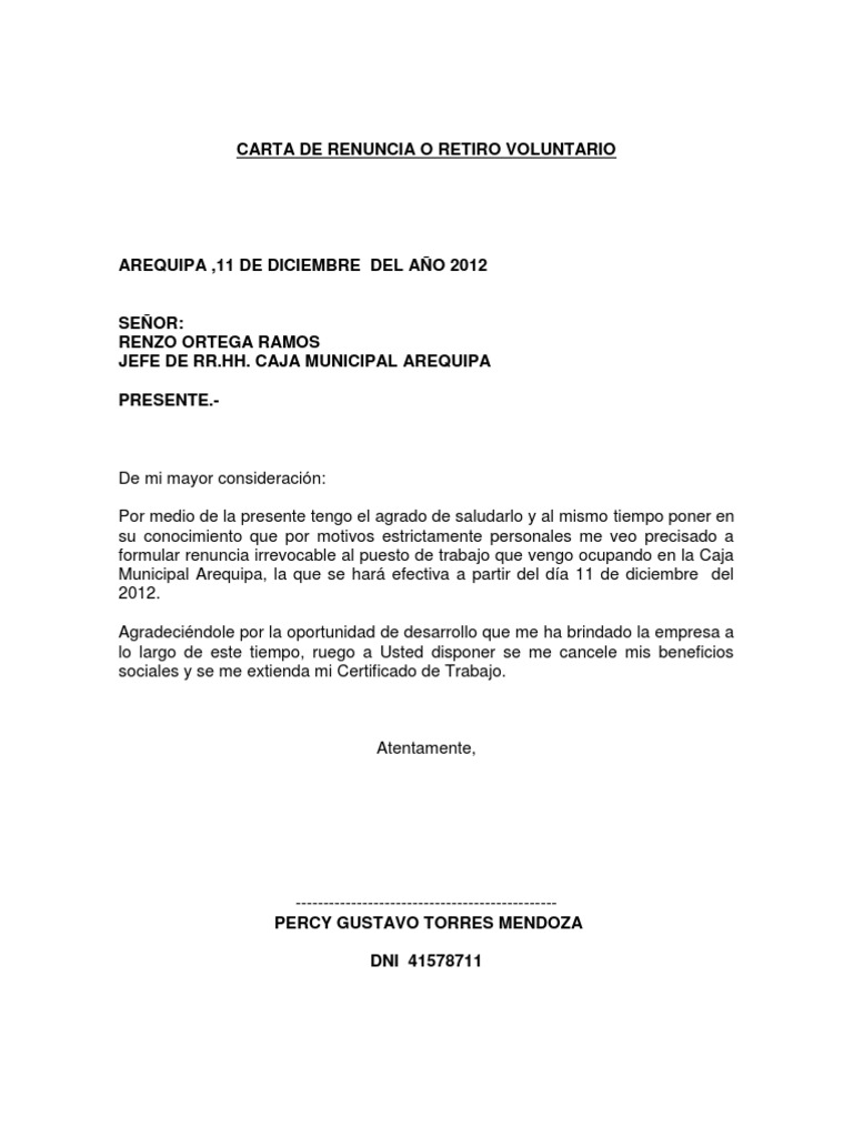 Carta de Renuncia o Retiro Voluntario