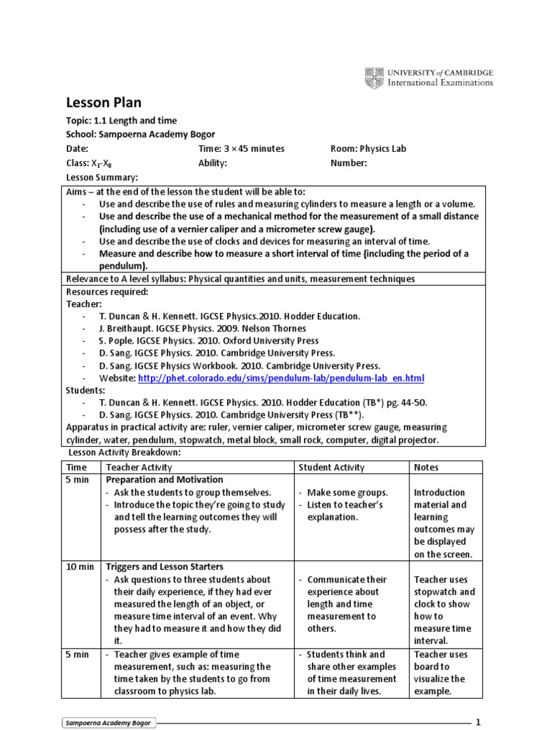 IGCSE Physics Lesson Plan Time Volume