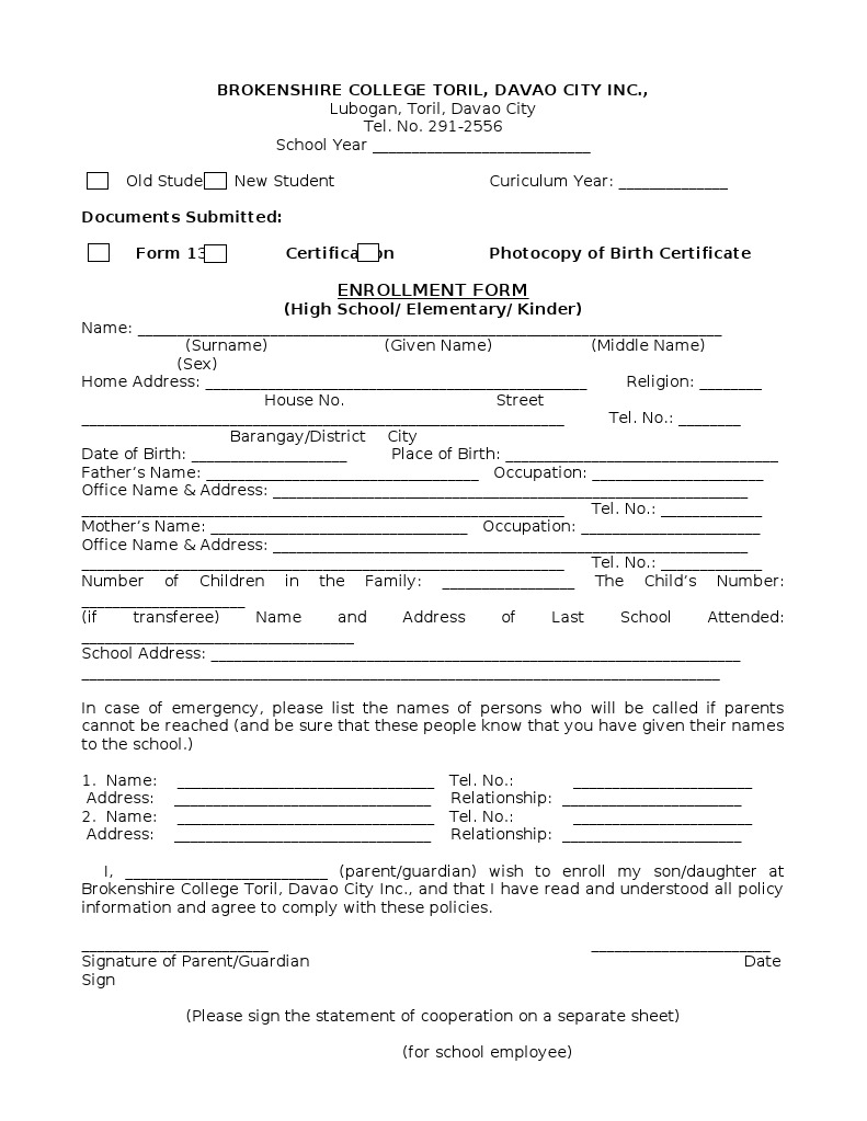 Enrollment Sheet Pdf Tuition Payments Social Institutions