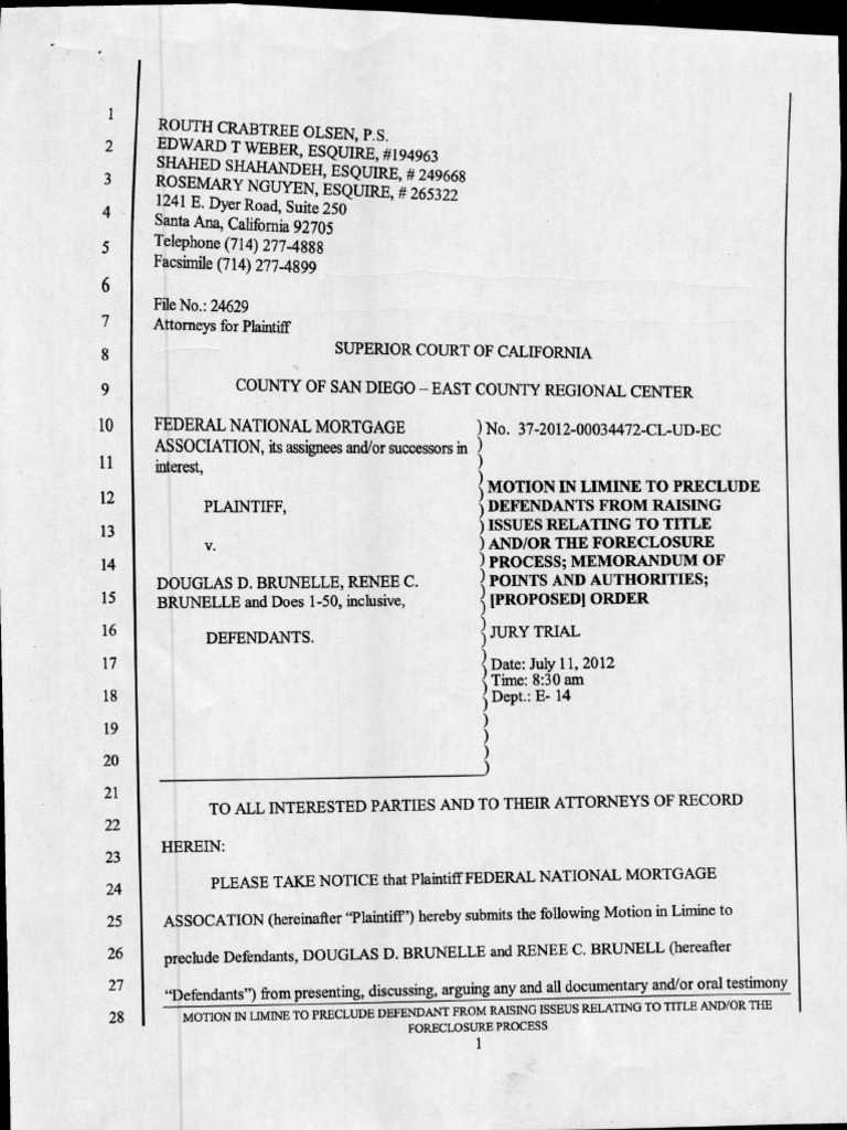 Motion in Limine PDF Foreclosure Deed Of Trust (Real Estate)