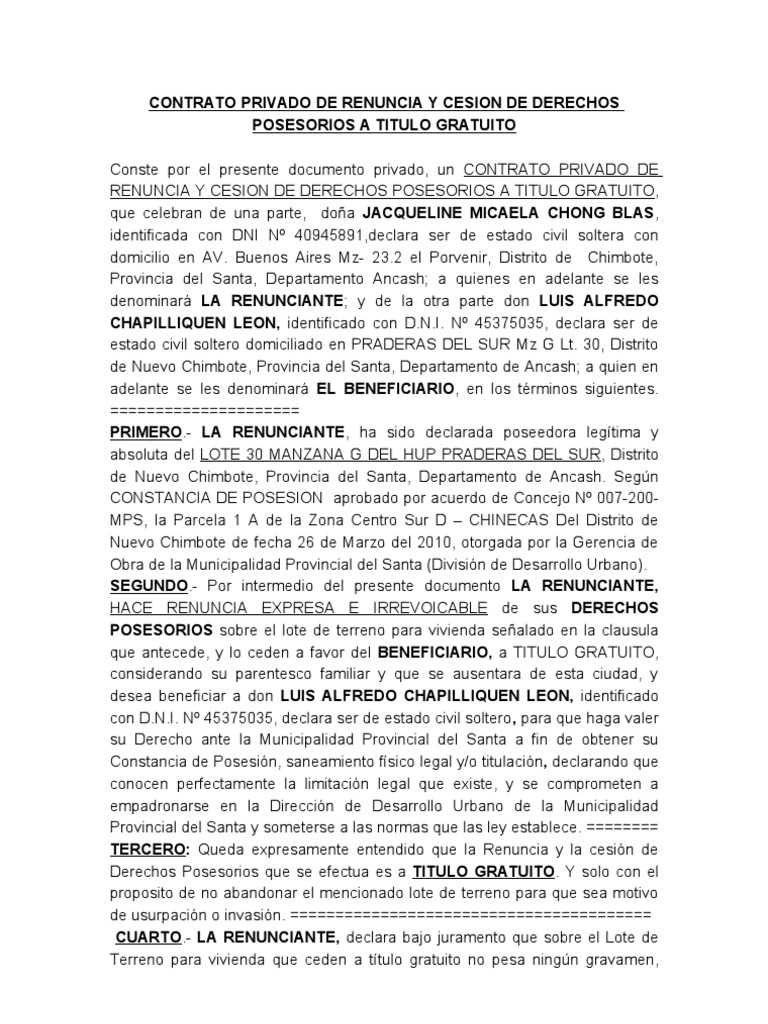 Renuncia y Transferencia de Derecho de Posesion - Alfredo Chapilliquen |  PDF | Gobierno | Política (general)